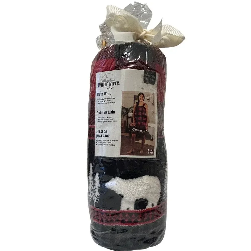 White River plaid bear Christmas bath wrap buffalo check w/polar bear OS